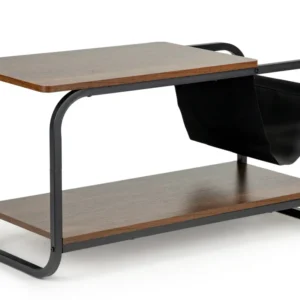 Masuta cafea cu 2 rafturi si suport reviste, cadru metalic, 87x40x46 cm, lemn natur si negru