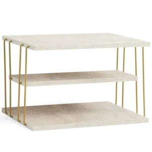 Masuta laterala LIFON, bej cu efect de marmura/auriu, PAL melaminat/metal, 50x40x33 cm