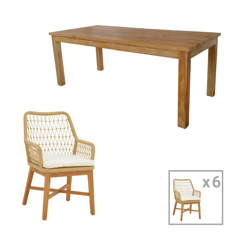 Set dining Elaiza-Wooly, 7 piese, Bej-Natural, 220x90x75 cm
