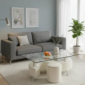 Set masuta cu 2 taburete NINA 3, alb, sticla/otel, 130x70x55 cm