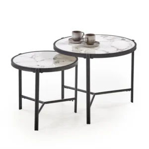 Set 2 masute cafea FATIMA, alb cu efect de marmura/negru, ceramica/metal