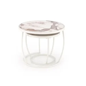 Set 2 masute cafea INES, bej cu efect de marmura/alb, ceramica/metal