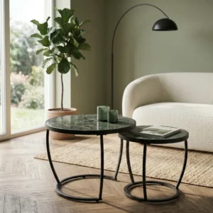 Set 2 masute cafea INES, verde cu efect de marmura/negru, ceramica/metal