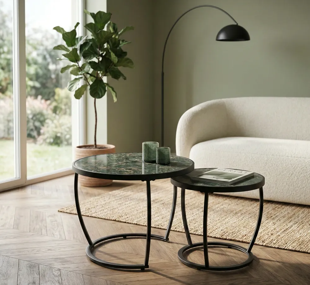 Set 2 masute cafea INES, verde cu efect de marmura/negru, ceramica/metal