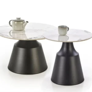 Set 2 masute cafea MAGNETA, alb cu efect de marmura/negru, piatra sinterizata/otel