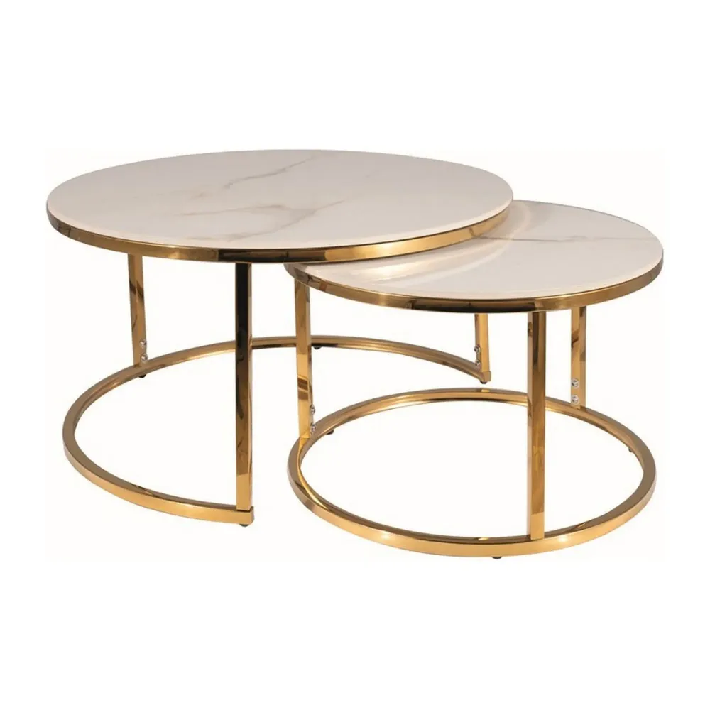 Set 2 masute cafea PORTAFINO , alb cu efect de marmura/auriu, ceramica/metal, 80/60