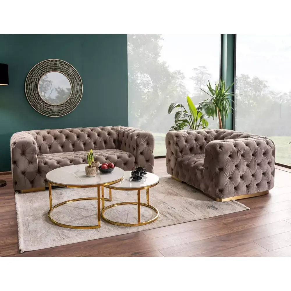 Set 2 masute cafea PORTAFINO , alb cu efect de marmura/auriu, ceramica/metal, 80/60