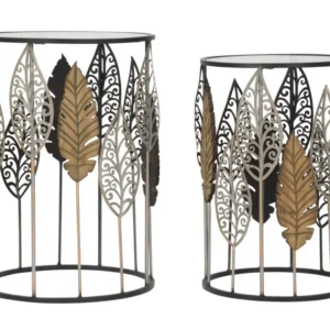 Set Masute Mauro Ferretti Ferro E Legno Foglie, Set 2 Piese, 38X55-33X50 cm, Multicolor