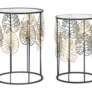 Set Masute Mauro Ferretti Foglie Glam Coppia, Set 2 Piese, Ø 38X55-33X50 cm, Negru/ Auriu
