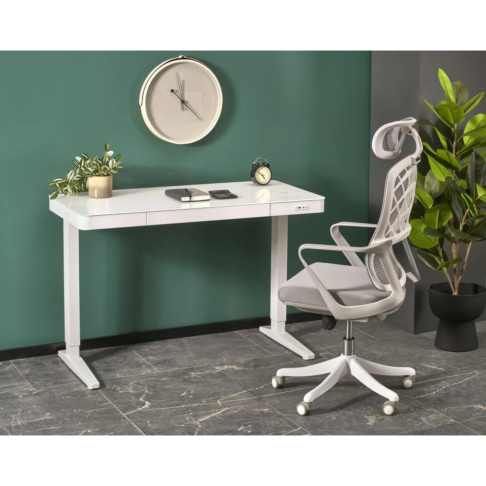 Birou B52, alb, sticla/metal, cu functie de reglare inaltimii, 120x60x77/120 cm