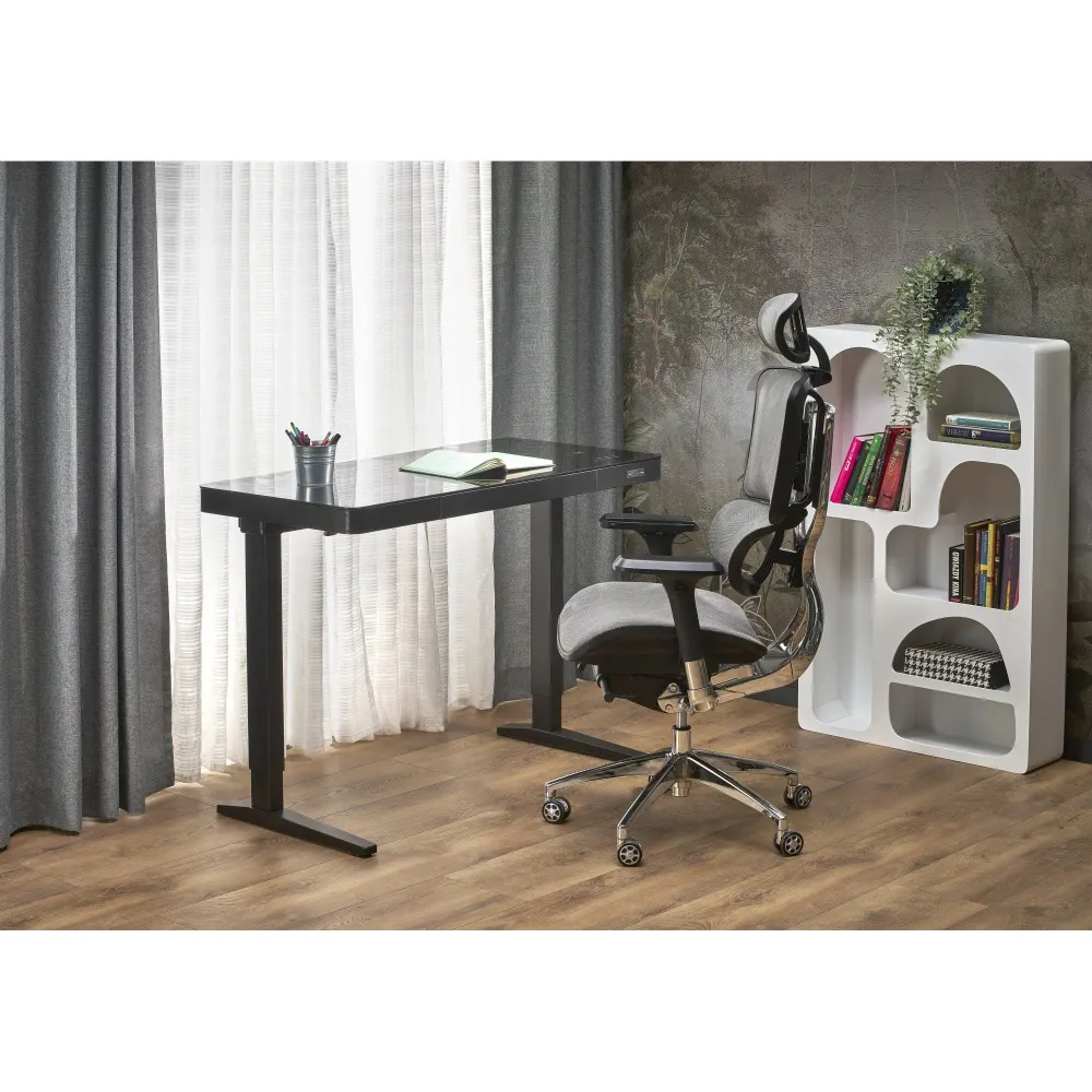 Birou B52, negru, sticla/metal, cu functie de reglare inaltimii, 120x60x77/120 cm