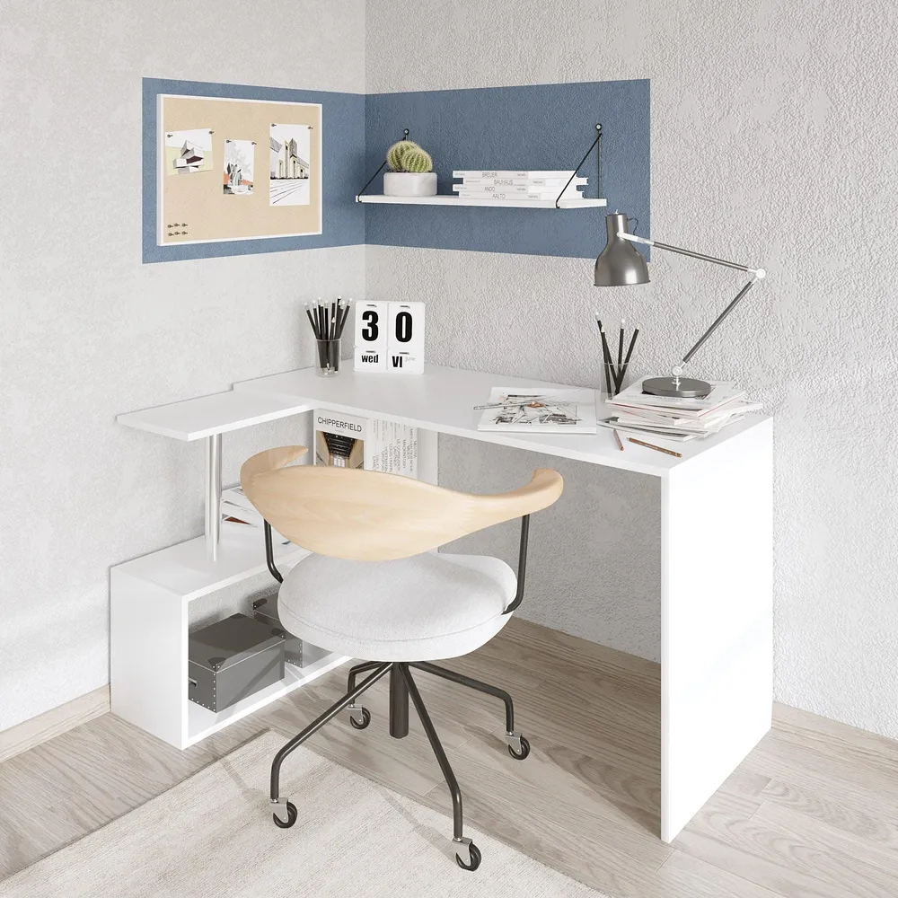 Birou Colt Estelle cu rafturi, Alb, 130 x 74 x 94 cm
