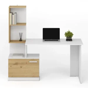 Birou MISO, alb/stejar artisan, PAL laminat, 144x60x142 cm