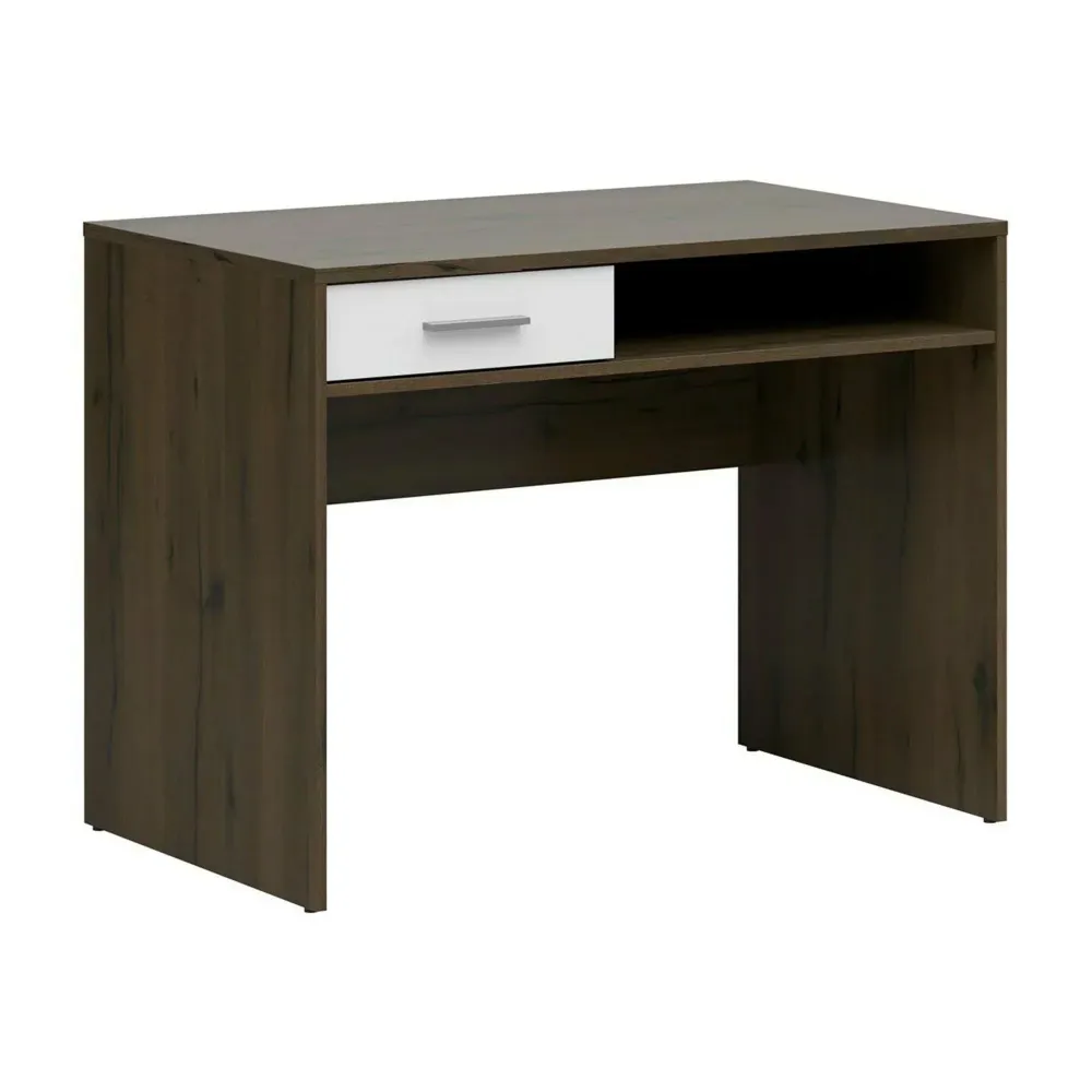 Birou NEPO PLUS, stejar inchis/alb, PAL laminat, cu un sertar, 100x59x76 cm