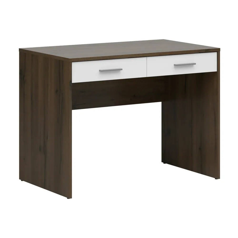 Birou NEPO PLUS, stejar inchis/alb, PAL laminat, cu 2 sertare, 100x59x76 cm