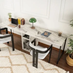 Birou TWIN, bej cu efect de marmura, PAL melaminat/metal, 240x60x74 cm