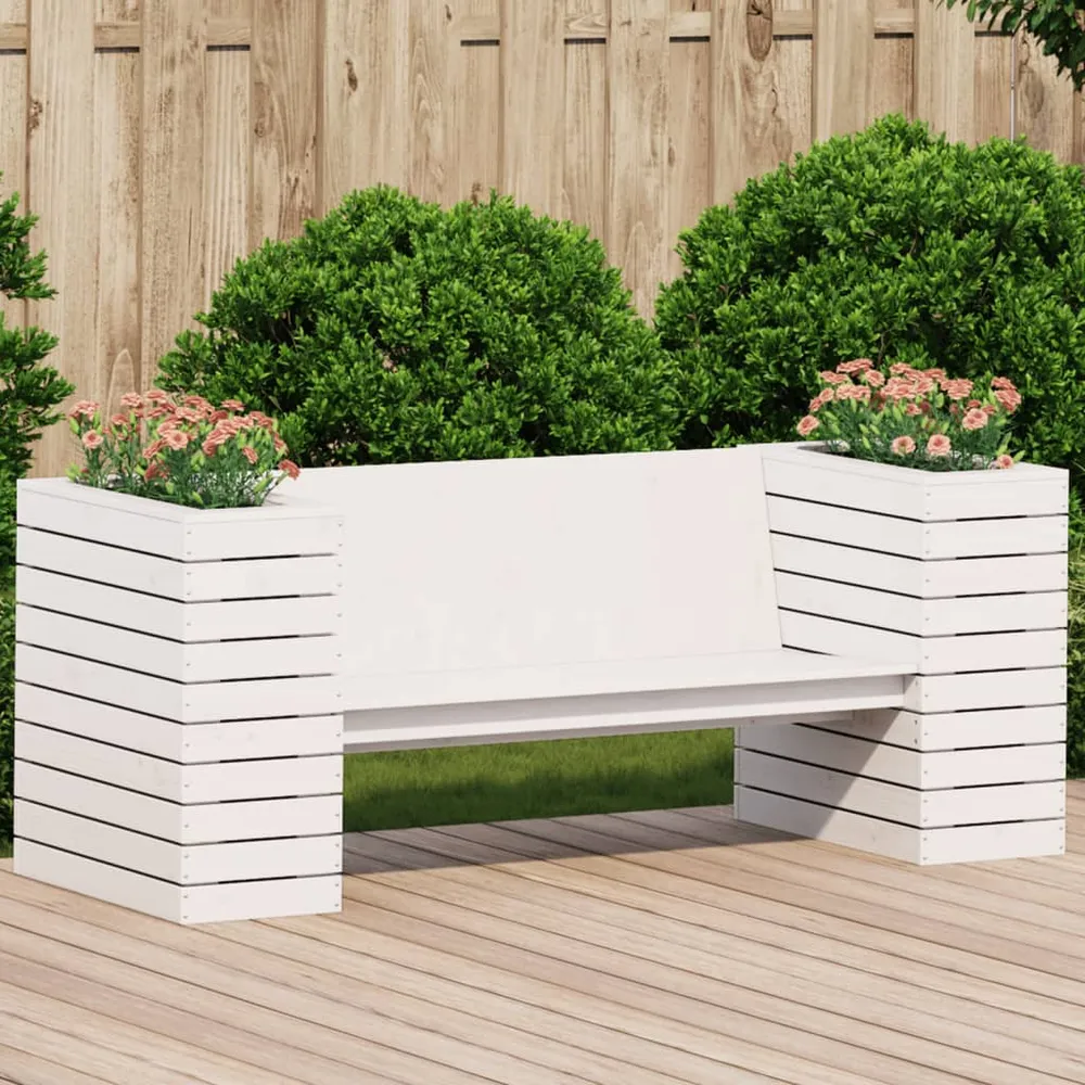 Banchetă cu jardiniere, alb, 167,5x60x65 cm, lemn masiv de pin