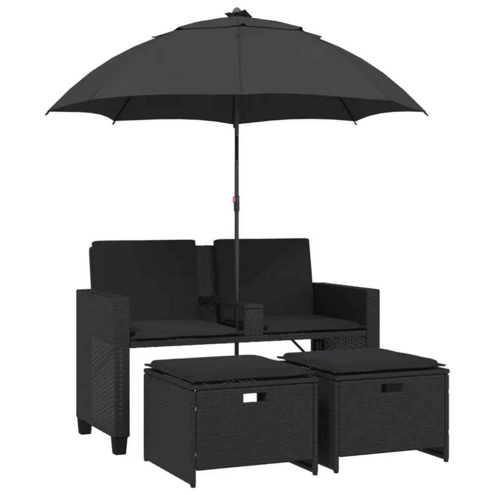 Canapea de grădină cu 2 locuri/umbrelă/taburete negru poliratan