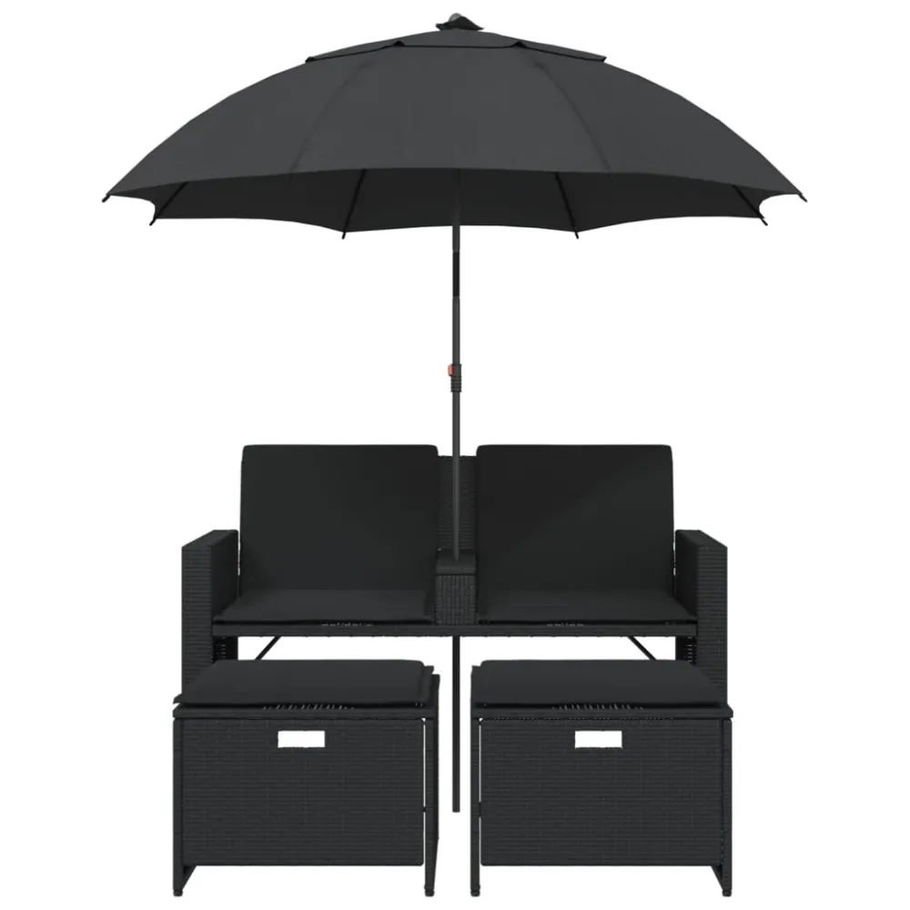Canapea de grădină cu 2 locuri/umbrelă/taburete negru poliratan