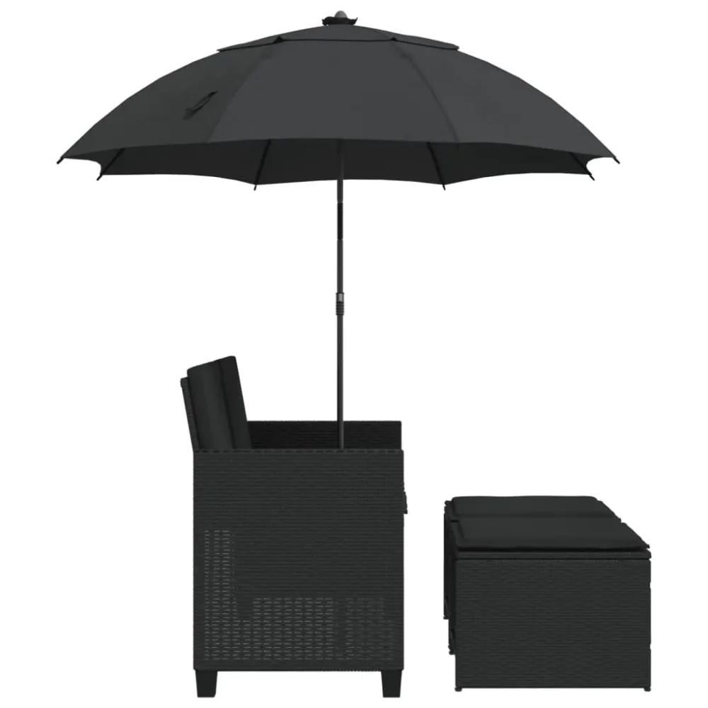 Canapea de grădină cu 2 locuri/umbrelă/taburete negru poliratan
