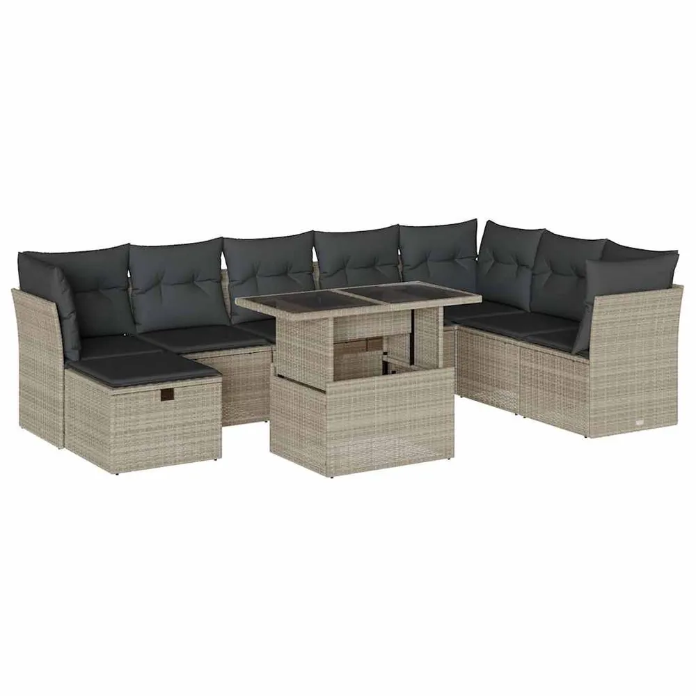 Set canapele de grădină cu perne, 9 piese gri deschis poliratan