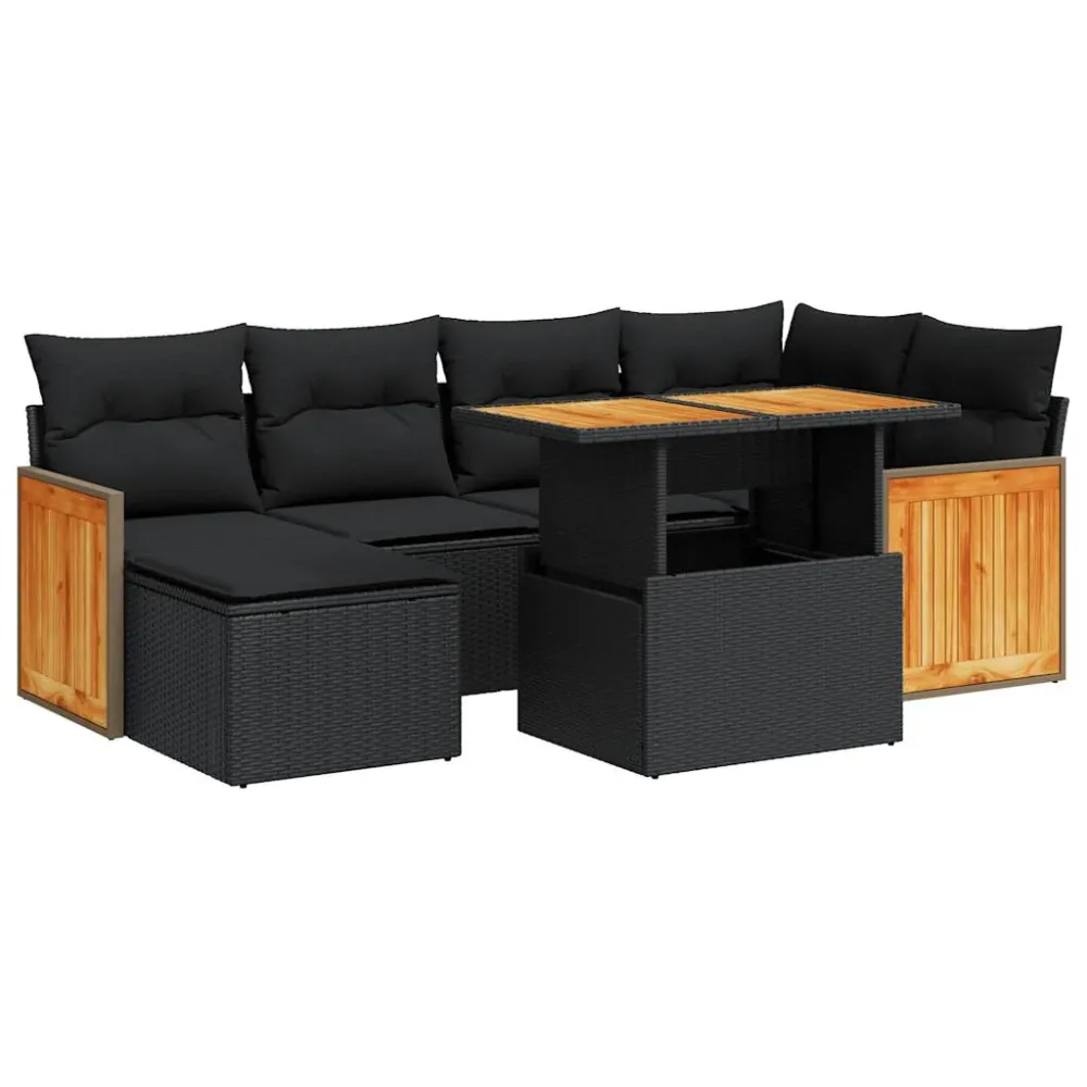 Set canapele grădină perne 7 piese negru, poliratan/lemn acacia
