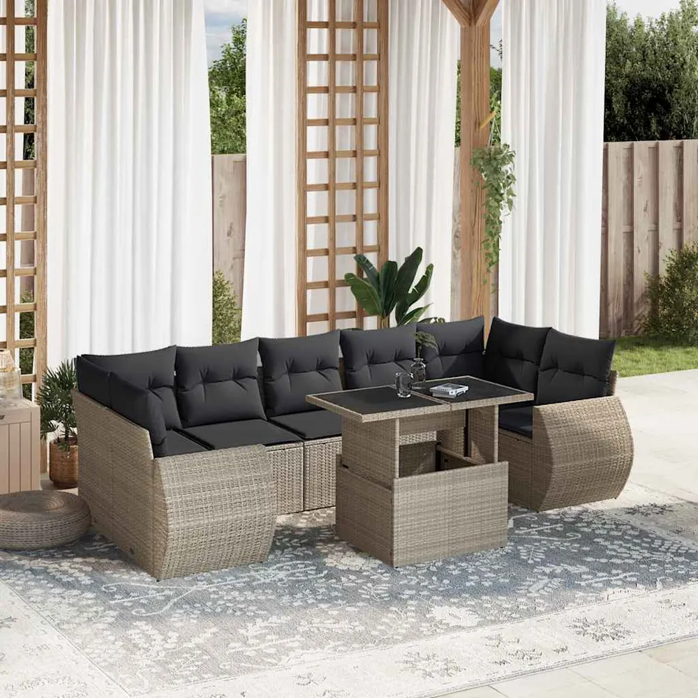 Set mobilier de grădină cu perne, 8 piese gri deschis poliratan