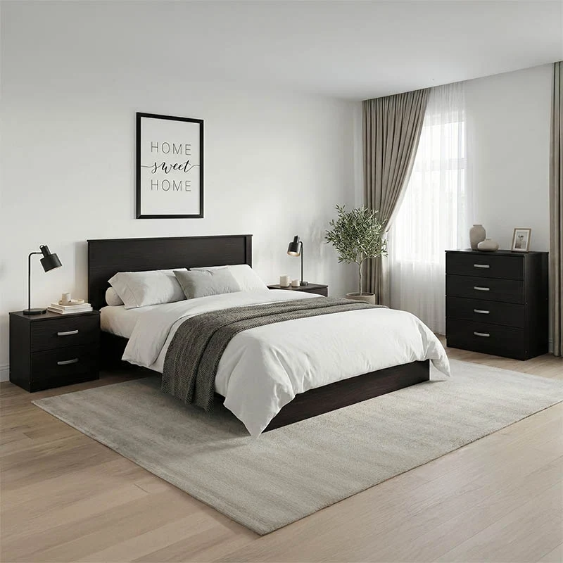 Set Dormitor Athos cu Pat 140x200cm, Stil Modern, Material Wenge, Set de 4 Piese