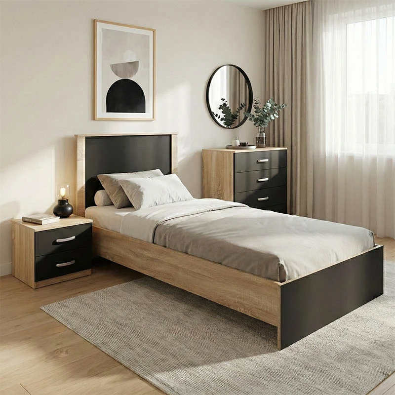 Set Dormitor Athos cu Pat, Stil Sonoma Charcoal, Material Lemn, Dimensiuni 90x190cm, Set 3 piese