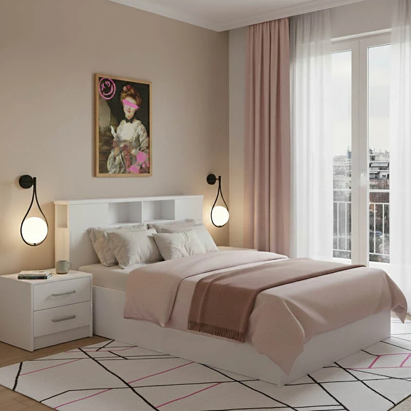 Set Dormitor cu Pat 140x200cm Olympus White, Modern, Lemn, 2 piese.