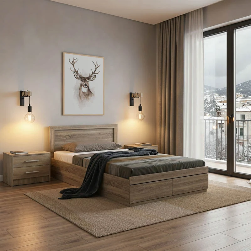 Set dormitor cu pat Olympus Sonoma, stil modern, lemn, 100x200 cm, set 2 piese