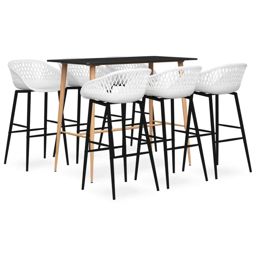 Set mobilier de bar, 7 piese, negru și alb