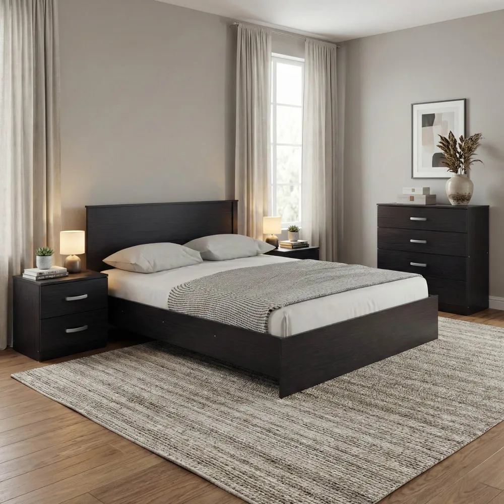 Set Mobilier Dormitor cu Pat 160x200cm, Athos, Stil Modern, Lemn Wenge, Dimensiuni Generoase, Set 4 Piese